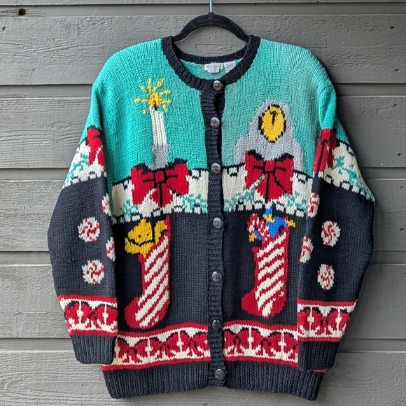 VTG 80s Heirlooms HandKnit 100% Wool Intarsia Christmas Holiday Sweater Medium - Picture 8 of 8